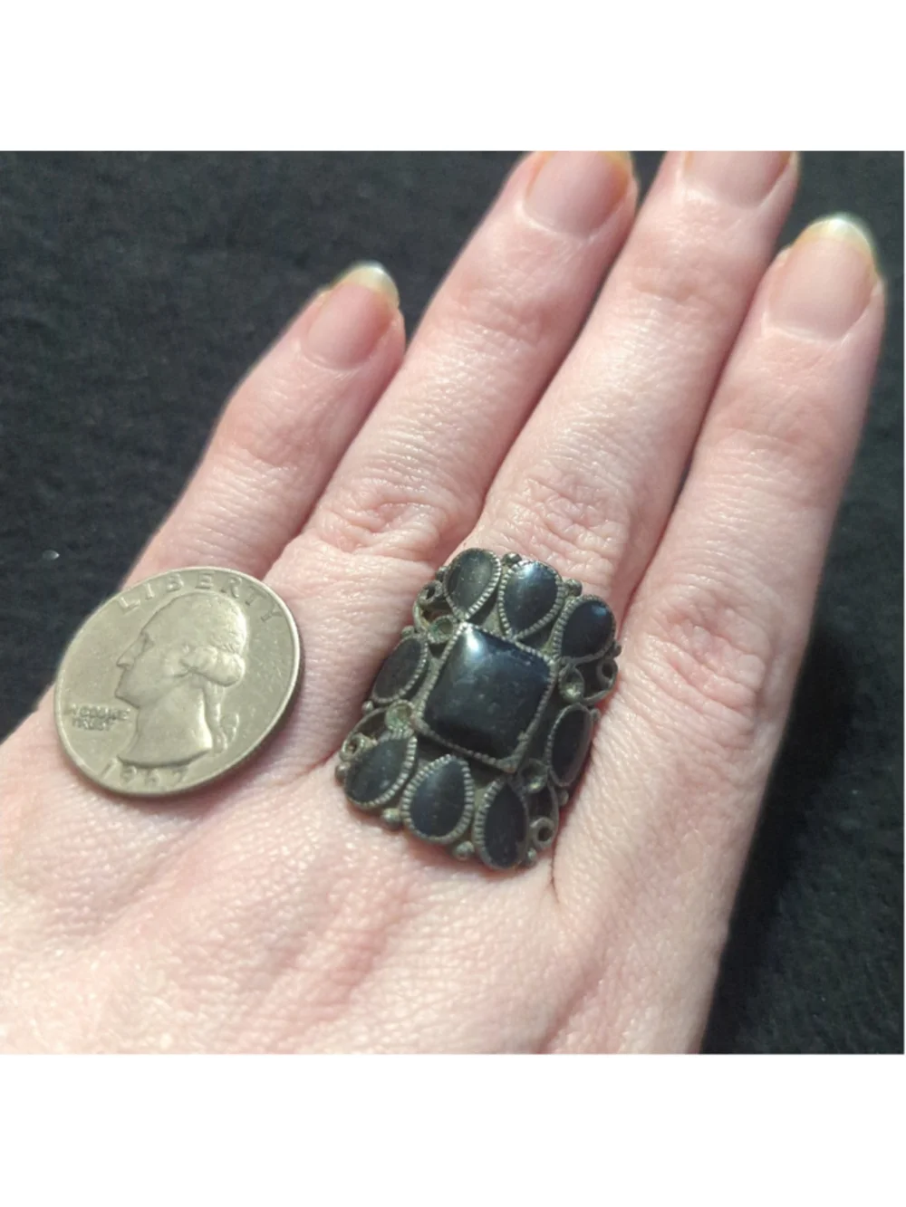 Vintage Pewter and Black Onyx Gemstone Chunky Statement Ring - size 9